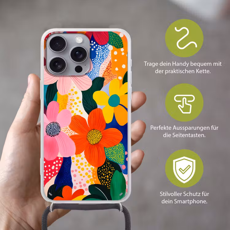 Bloemen - Kleurrijk - Stippen Hoesje iPhone 16 Pro Max met koord klein -sfeer2_DE