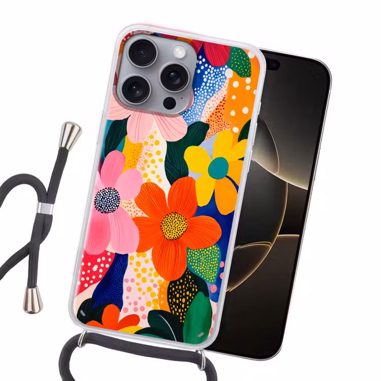 Bloemen - Kleurrijk - Stippen Hoesje iPhone 16 Pro Max met koord klein -sfeer1