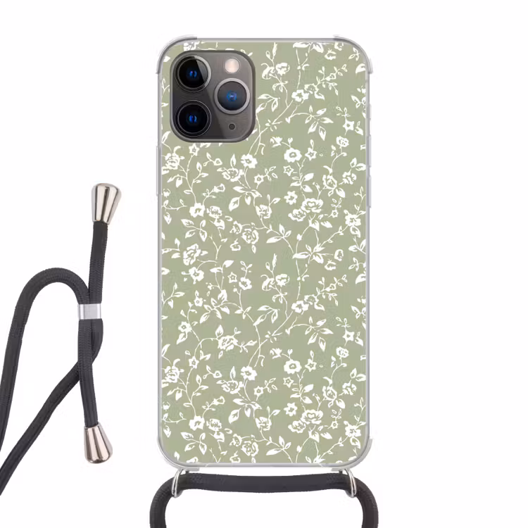Bloemen - Print - Groen - Wit Hoesje iPhone 12 Pro met koord klein -3d