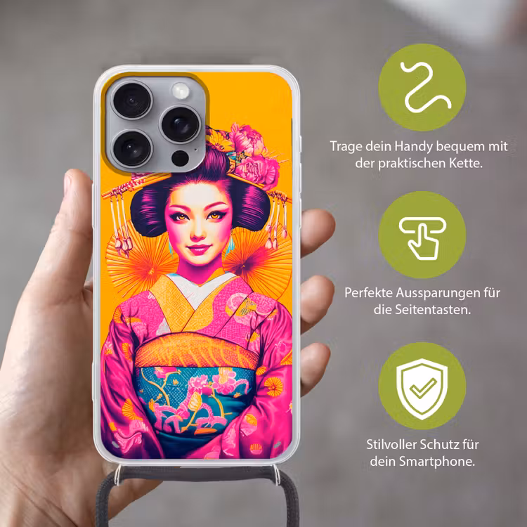 Bloemen - Vrouw - Kimono - Roze Hoesje iPhone 16 Pro Max met koord klein -sfeer2_DE