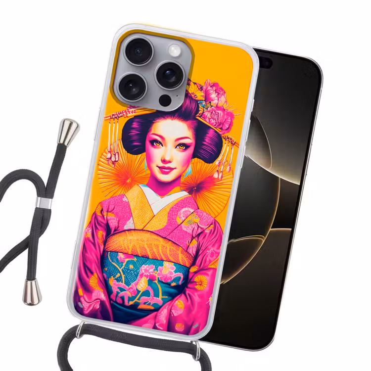 Bloemen - Vrouw - Kimono - Roze Hoesje iPhone 16 Pro Max met koord klein -sfeer1