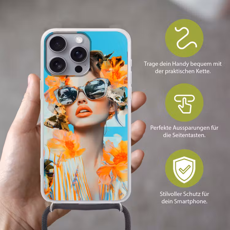 Bloemen - Vrouw - Zonnebril - Blauw Hoesje iPhone 16 Pro Max met koord klein -sfeer2_DE