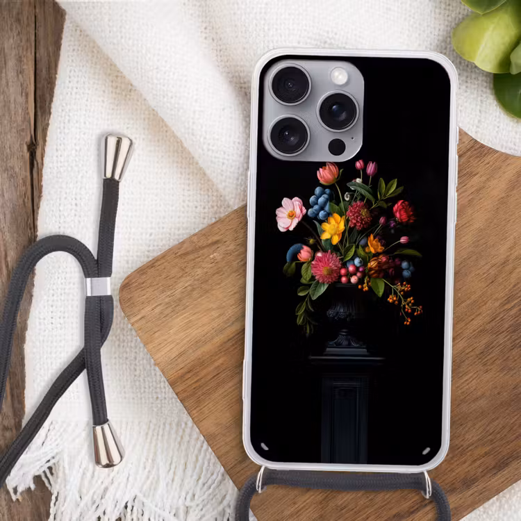 Bloemen - Vrolijk - Vaas Hoesje iPhone 16 Pro Max met koord klein -sfeer4