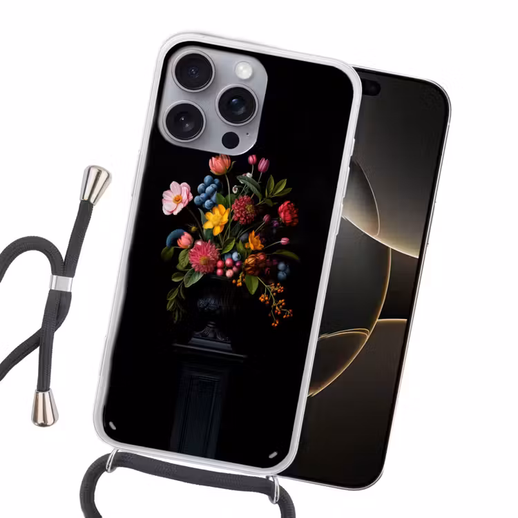 Bloemen - Vrolijk - Vaas Hoesje iPhone 16 Pro Max met koord klein -sfeer1