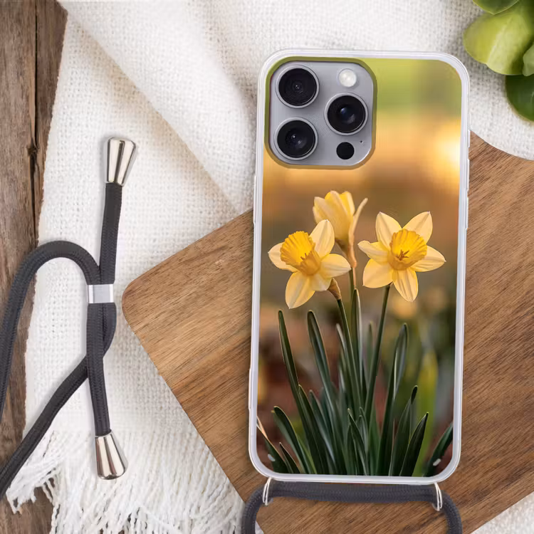 Bloemen - Geel - Wazig Hoesje iPhone 16 Pro Max met koord klein -sfeer4