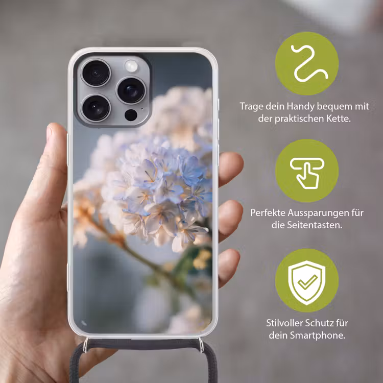 Bloemen - Lichtblauw - Wazig - Trosje Hoesje iPhone 16 Pro Max met koord klein -sfeer2_DE