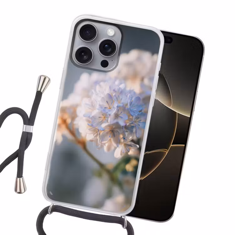 Bloemen - Lichtblauw - Wazig - Trosje Hoesje iPhone 16 Pro Max met koord klein -sfeer1