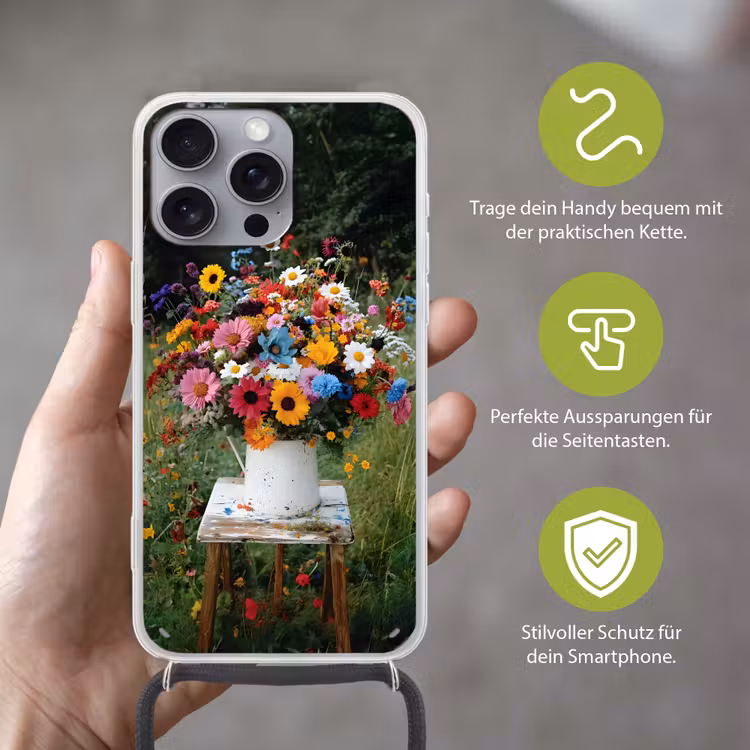 Bloemen - Krukje - Gieter - Veld Hoesje iPhone 16 Pro Max met koord klein -sfeer2_DE