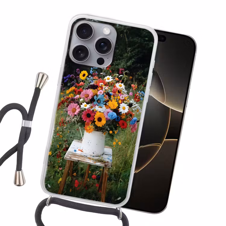 Bloemen - Krukje - Gieter - Veld Hoesje iPhone 16 Pro Max met koord klein -sfeer1