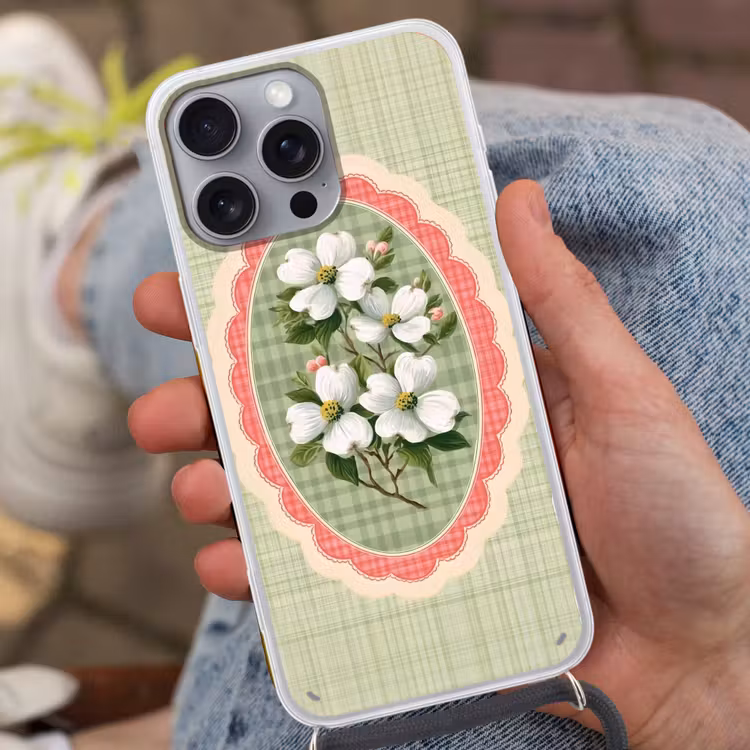 Bloemen - Illustratie - Geruit - Groen Hoesje iPhone 16 Pro Max met koord klein -sfeer3