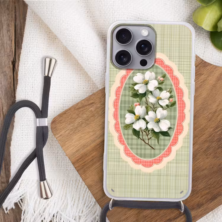 Bloemen - Illustratie - Geruit - Groen Hoesje iPhone 16 Pro Max met koord klein -sfeer4