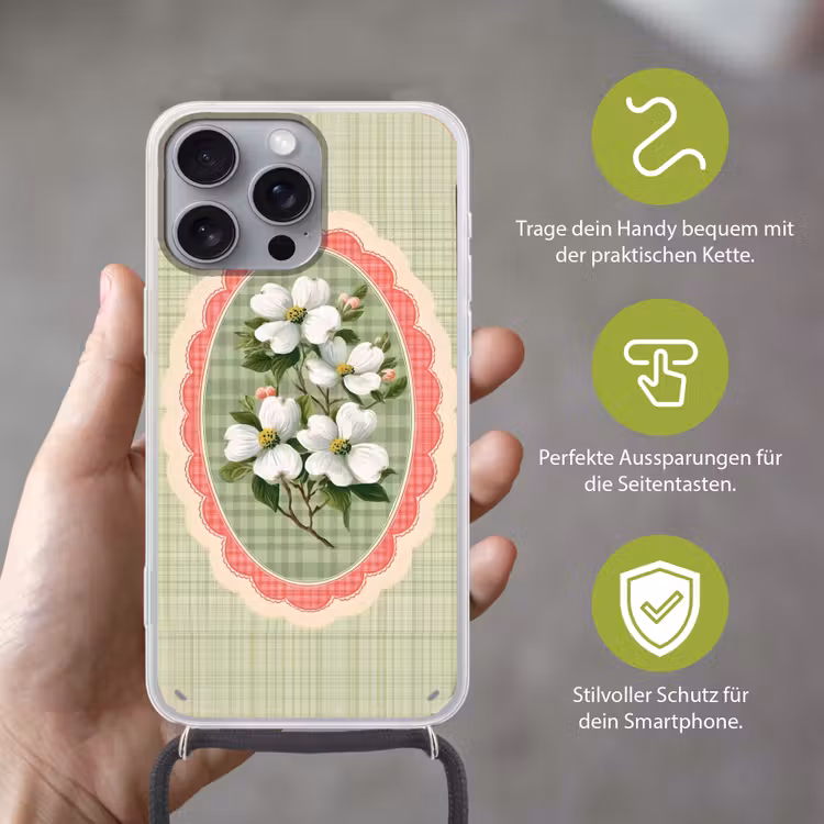 Bloemen - Illustratie - Geruit - Groen Hoesje iPhone 16 Pro Max met koord klein -sfeer2_DE