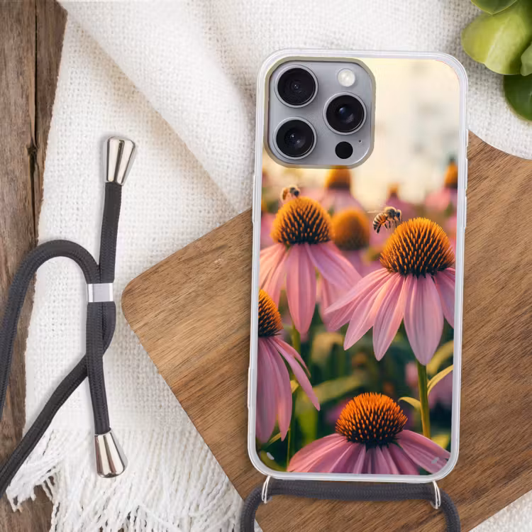 Bloemen - Paars - Bijen Hoesje iPhone 16 Pro Max met koord klein -sfeer4
