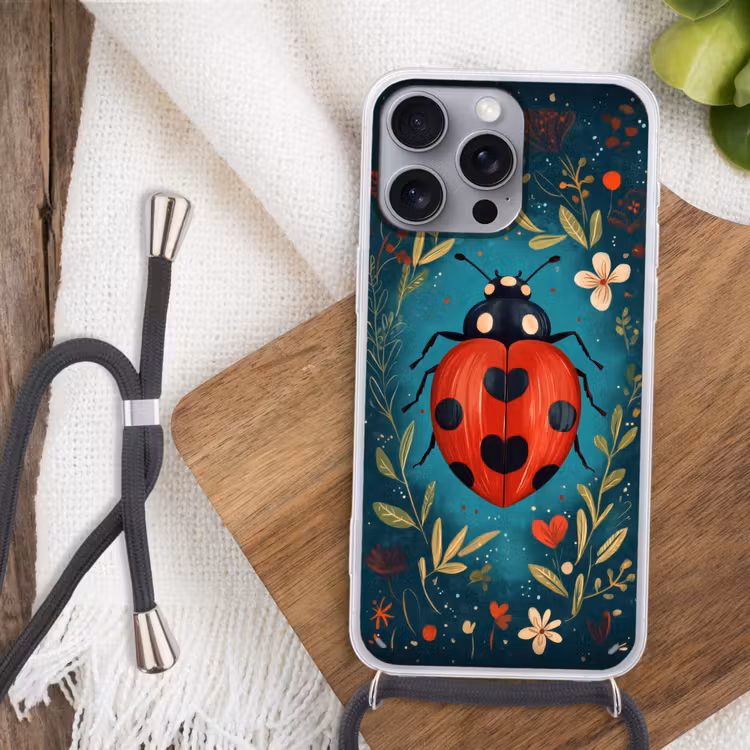 Bloemen - Lieveheersbeestje - Hartje - Rood Hoesje iPhone 16 Pro Max met koord klein -sfeer4
