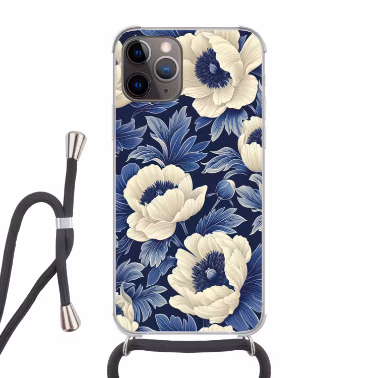 Bloemen - Patroon - Blauw - Wit Hoesje iPhone 12 Pro met koord klein -3d