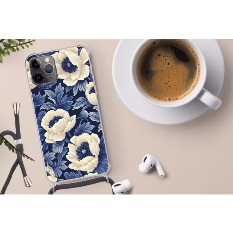 Bloemen - Patroon - Blauw - Wit Hoesje iPhone 12 Pro met koord klein -oordop