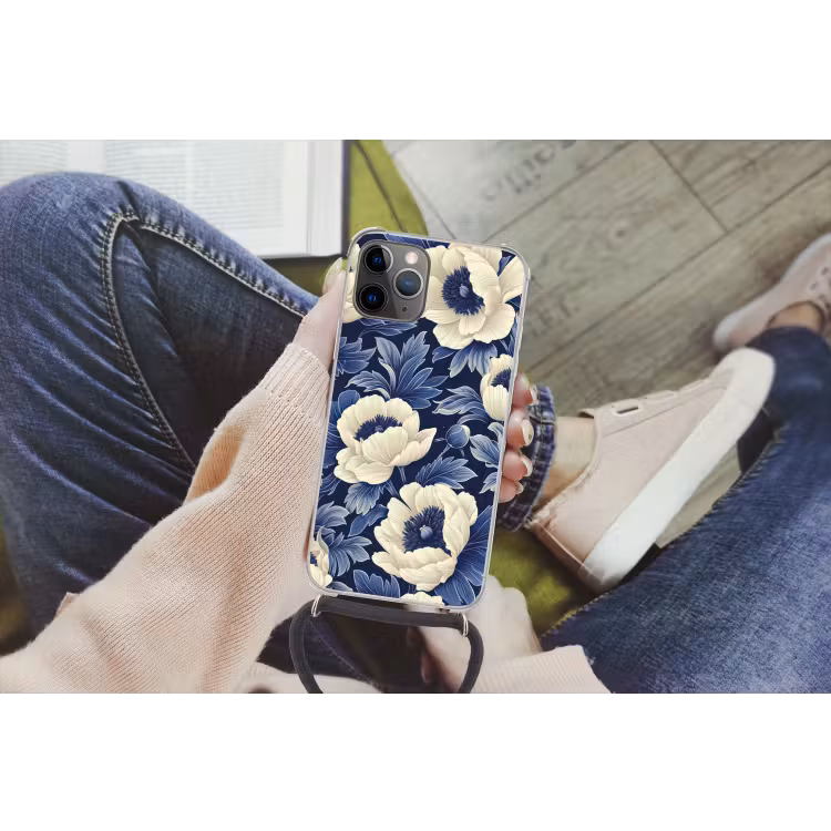 Bloemen - Patroon - Blauw - Wit Hoesje iPhone 12 Pro met koord klein -hand