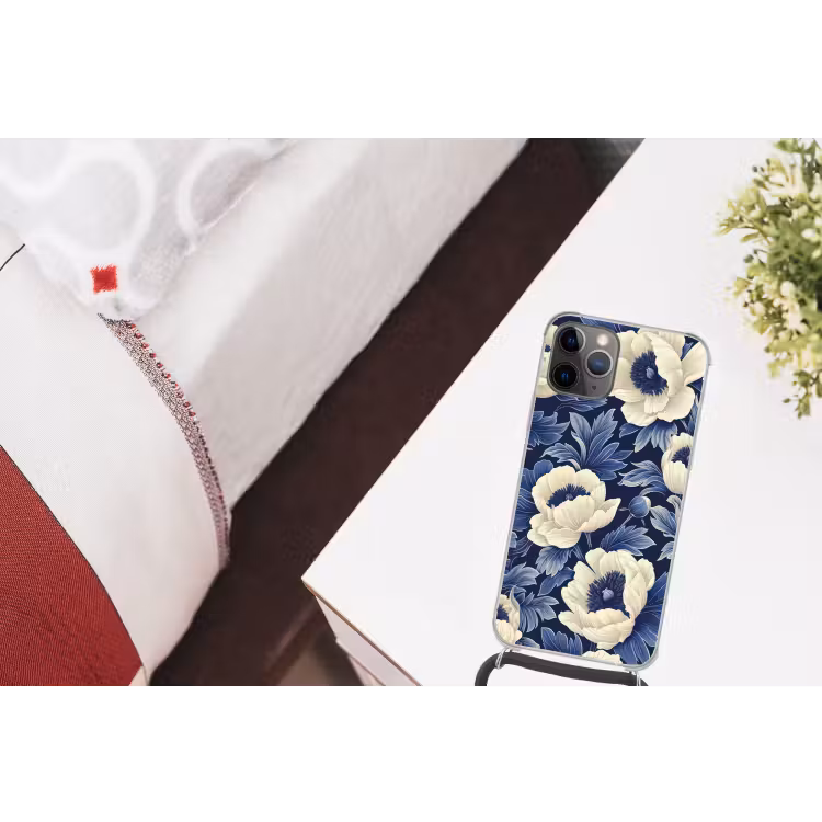 Bloemen - Patroon - Blauw - Wit Hoesje iPhone 12 Pro met koord klein -kamer