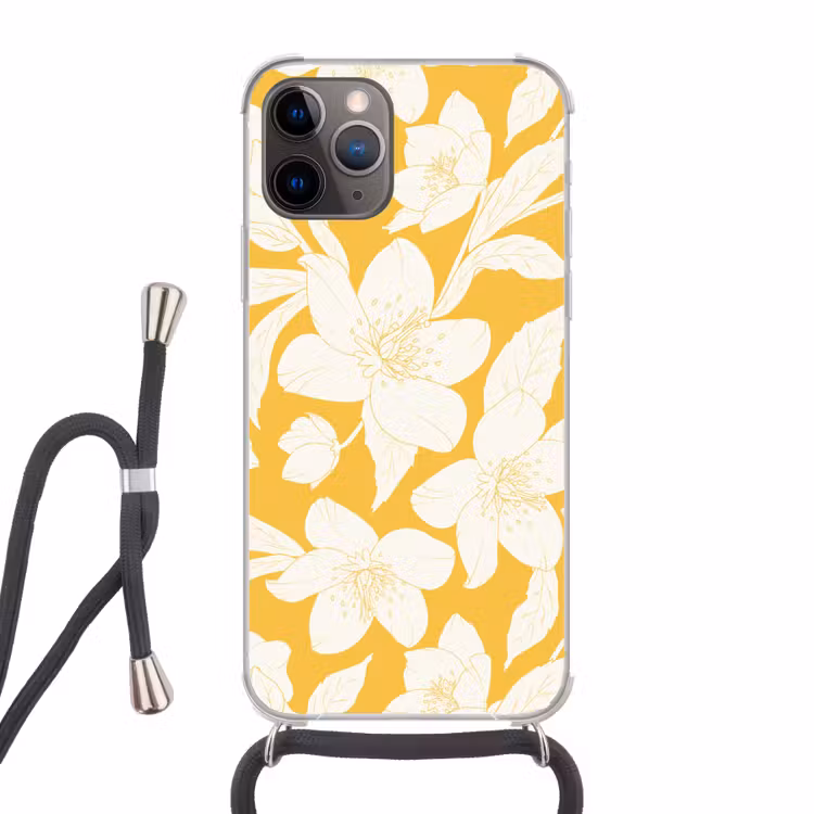 Bloemen - Patroon - Geel - Wit Hoesje iPhone 12 Pro met koord klein -3d