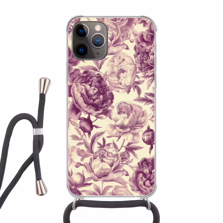 Bloemen - Patroon - Paars - Beige Hoesje iPhone 12 Pro met koord klein -3d