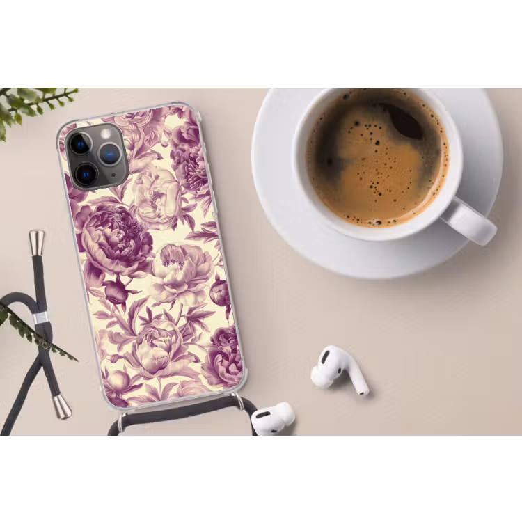 Bloemen - Patroon - Paars - Beige Hoesje iPhone 12 Pro met koord klein -oordop