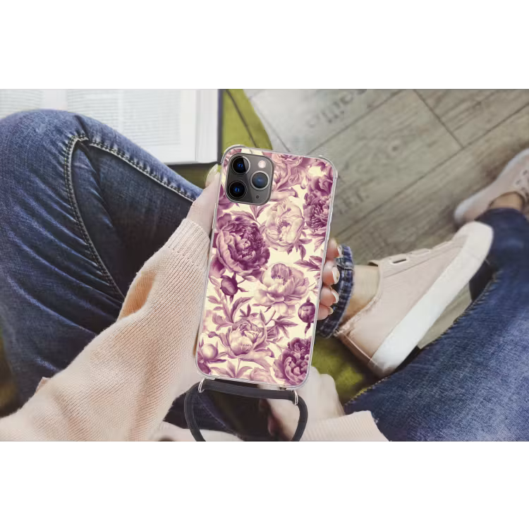 Bloemen - Patroon - Paars - Beige Hoesje iPhone 12 Pro met koord klein -hand