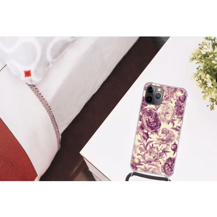 Bloemen - Patroon - Paars - Beige Hoesje iPhone 12 Pro met koord klein -kamer