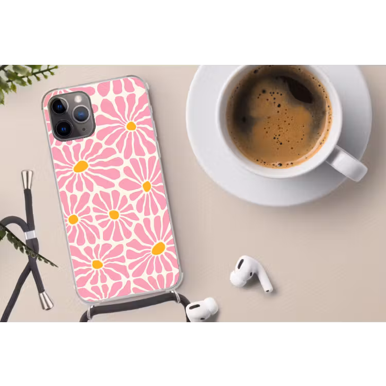 Bloemen - Patroon - Roze - Beige - Oranje Hoesje iPhone 12 Pro met koord klein -oordop
