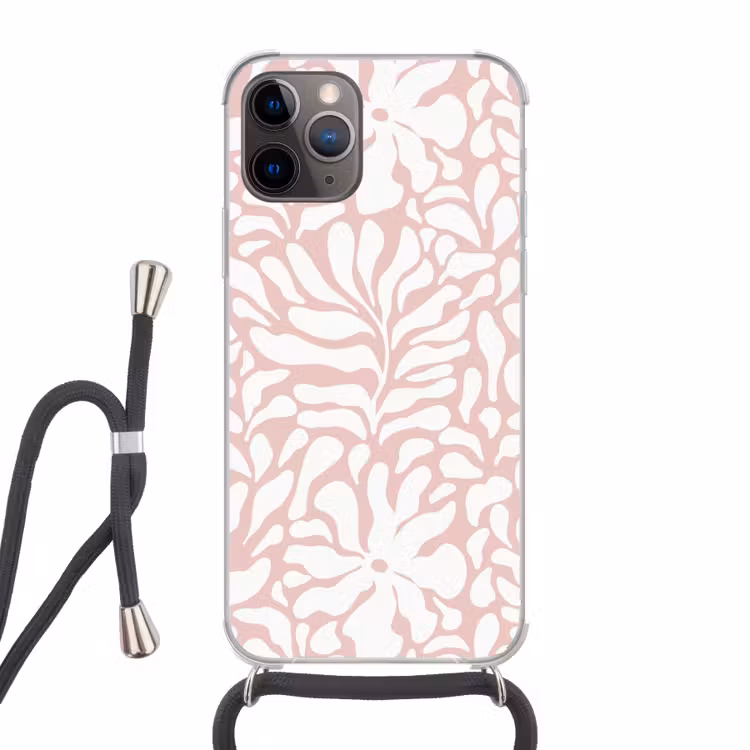 Bloemen - Patroon - Roze - Wit Hoesje iPhone 12 Pro met koord klein -3d