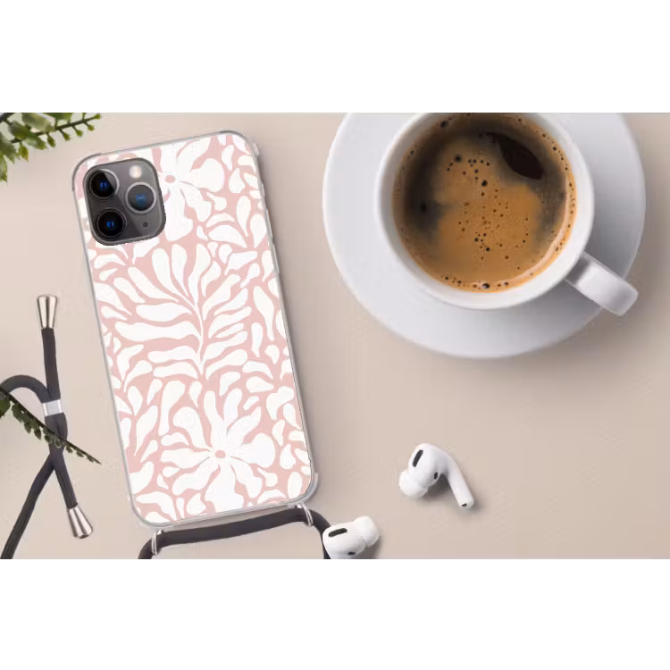 Bloemen - Patroon - Roze - Wit Hoesje iPhone 12 Pro met koord klein -oordop