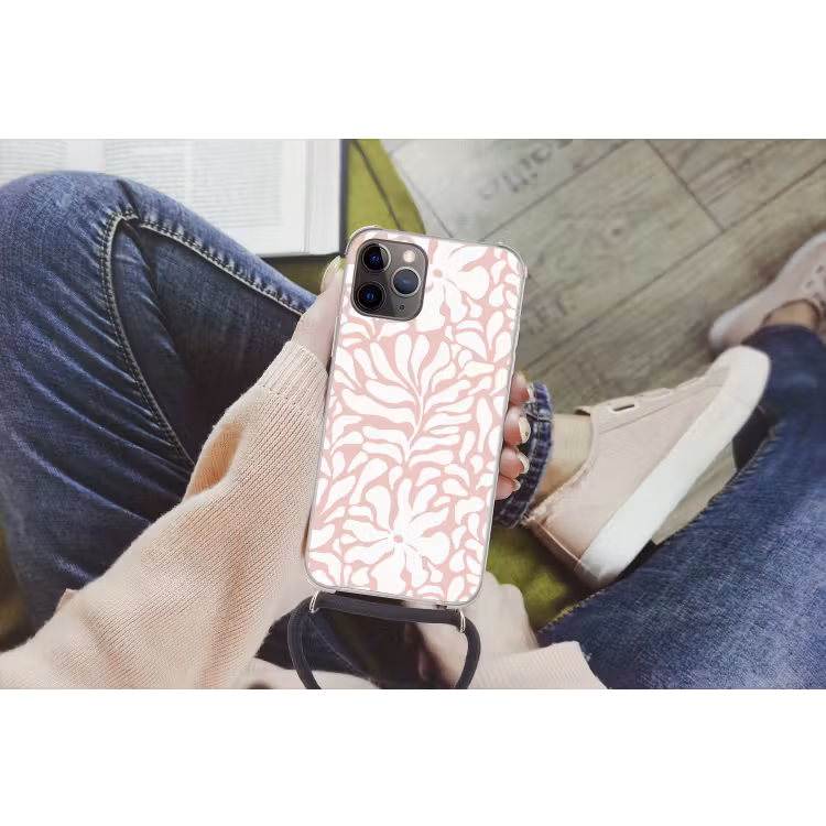 Bloemen - Patroon - Roze - Wit Hoesje iPhone 12 Pro met koord klein -hand