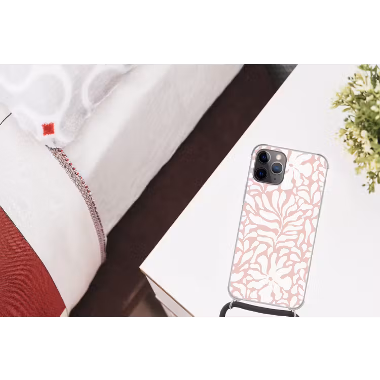 Bloemen - Patroon - Roze - Wit Hoesje iPhone 12 Pro met koord klein -kamer