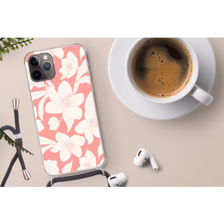 Bloemen - Patroon - Roze - Wit Hoesje iPhone 12 Pro met koord klein -oordop