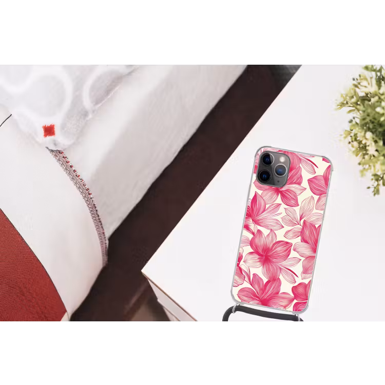 Bloemen - Patroon - Roze - Wit Hoesje iPhone 12 Pro met koord klein -kamer