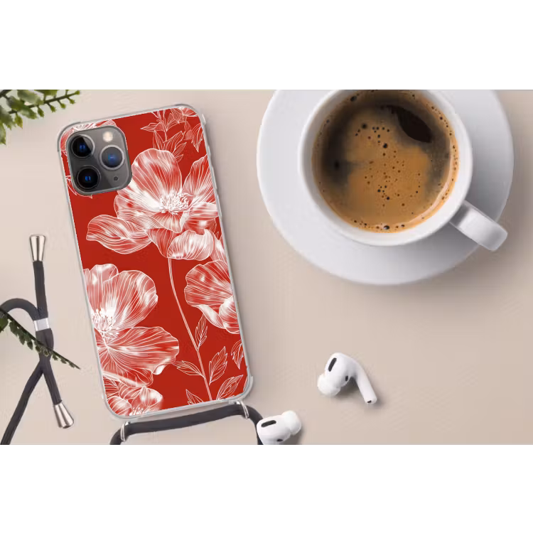 Bloemen - Patroon - Rood - Wit Hoesje iPhone 12 Pro met koord klein -oordop