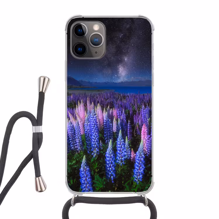 Bloemen - Nacht - Nieuw-Zeeland - Sterrenhemel - Paars - Natuur Hoesje iPhone 12 Pro met koord klein -3d