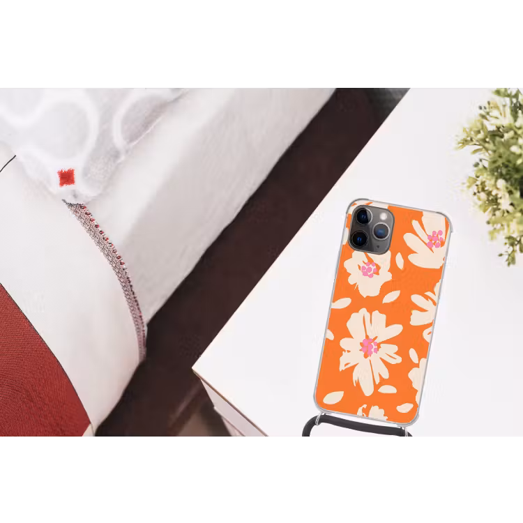 Bloemen - Oranje - Beige - Roze - Abstract Hoesje iPhone 12 Pro met koord klein -kamer