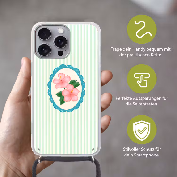 Bloemen - Ovaal - Strepen - Groen Hoesje iPhone 16 Pro Max met koord klein -sfeer2_DE