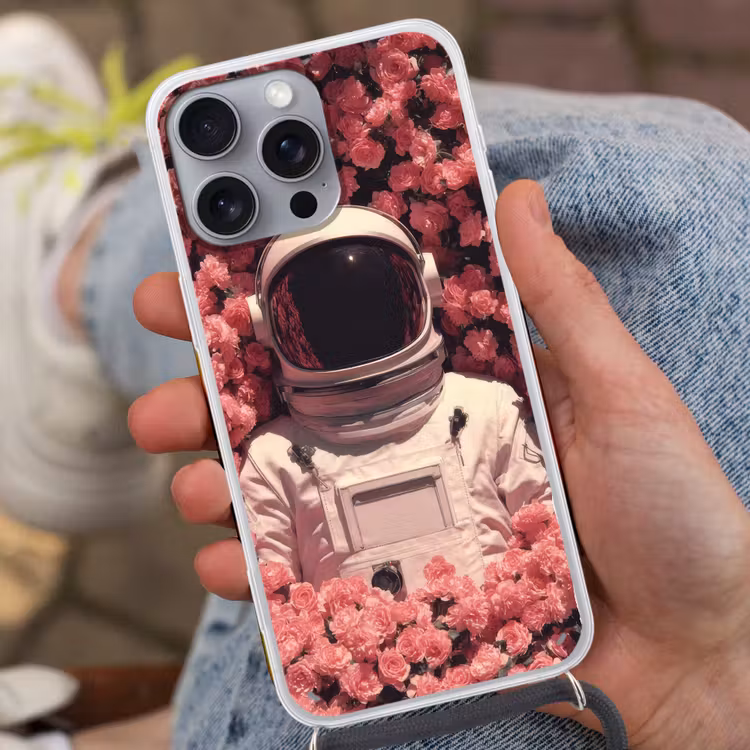 Bloemen - Roze - Astronaut Hoesje iPhone 16 Pro Max met koord klein -sfeer3