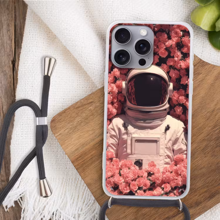 Bloemen - Roze - Astronaut Hoesje iPhone 16 Pro Max met koord klein -sfeer4