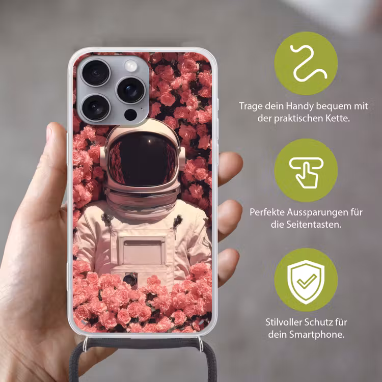 Bloemen - Roze - Astronaut Hoesje iPhone 16 Pro Max met koord klein -sfeer2_DE