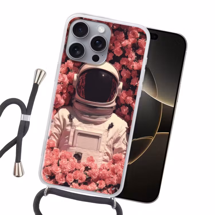 Bloemen - Roze - Astronaut Hoesje iPhone 16 Pro Max met koord klein -sfeer1