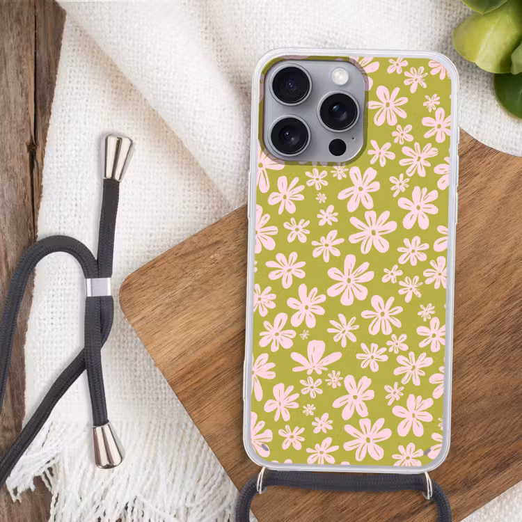 Bloemen - Roze - Getekend - Patroon Hoesje iPhone 16 Pro Max met koord klein -sfeer4