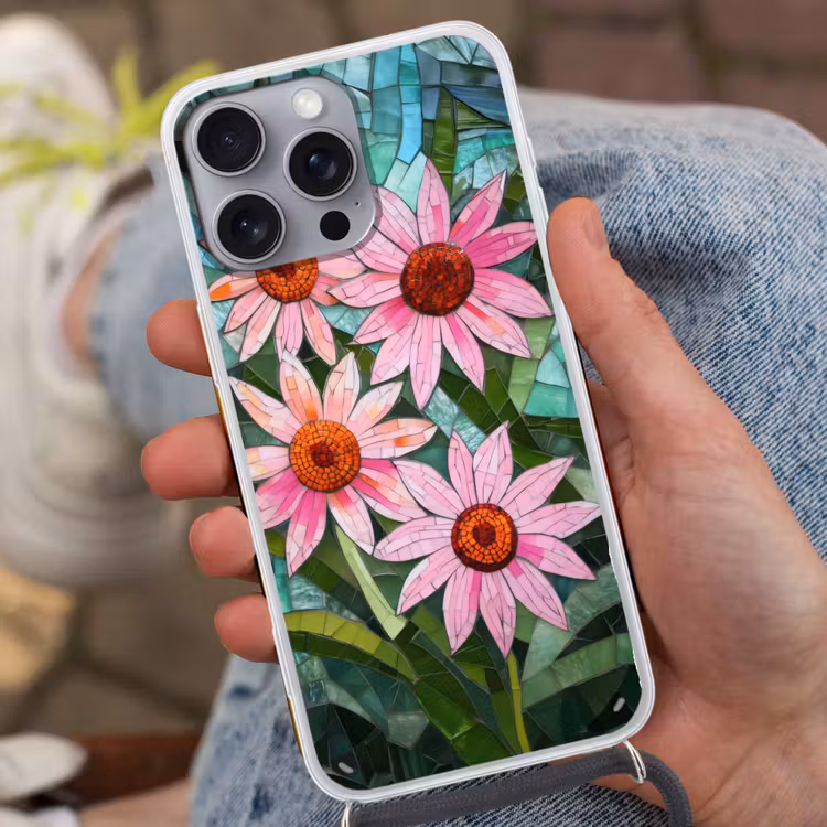 Bloemen - Roze - Glasmozaïek Hoesje iPhone 16 Pro Max met koord klein -sfeer3