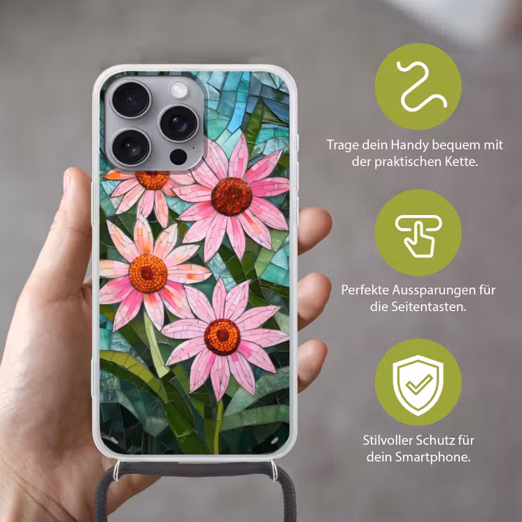 Bloemen - Roze - Glasmozaïek Hoesje iPhone 16 Pro Max met koord klein -sfeer2_DE