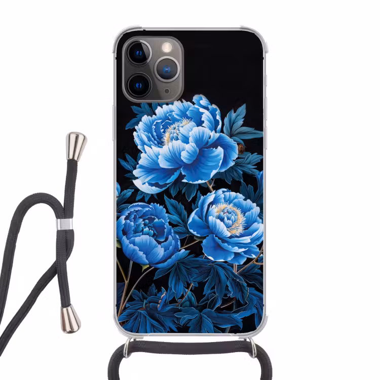Bloemen - Zwart - Blauw - Modern Hoesje iPhone 12 Pro met koord klein -3d