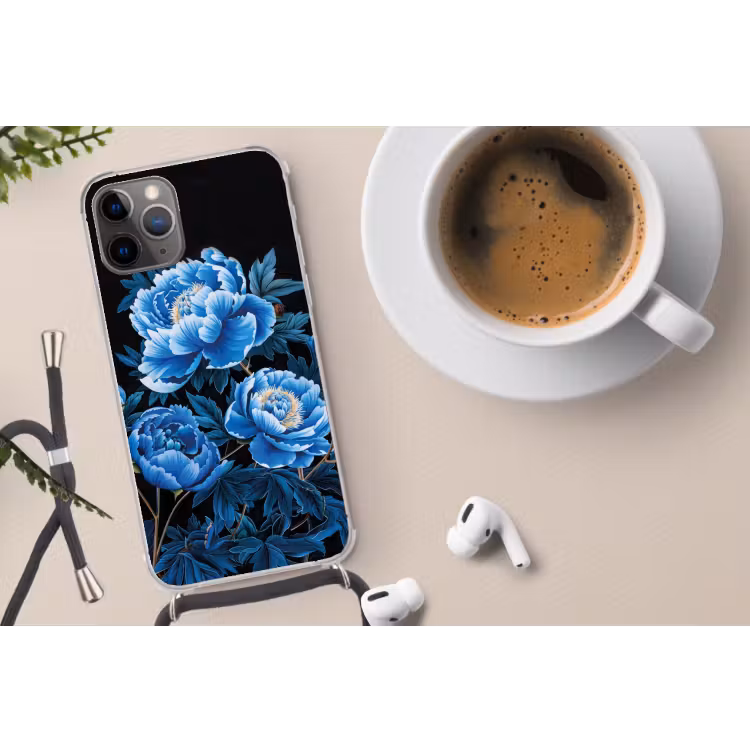 Bloemen - Zwart - Blauw - Modern Hoesje iPhone 12 Pro met koord klein -oordop