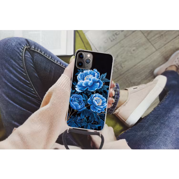 Bloemen - Zwart - Blauw - Modern Hoesje iPhone 12 Pro met koord klein -hand