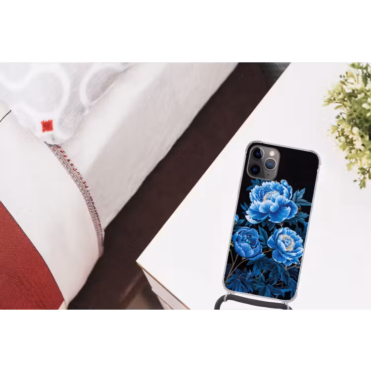 Bloemen - Zwart - Blauw - Modern Hoesje iPhone 12 Pro met koord klein -kamer
