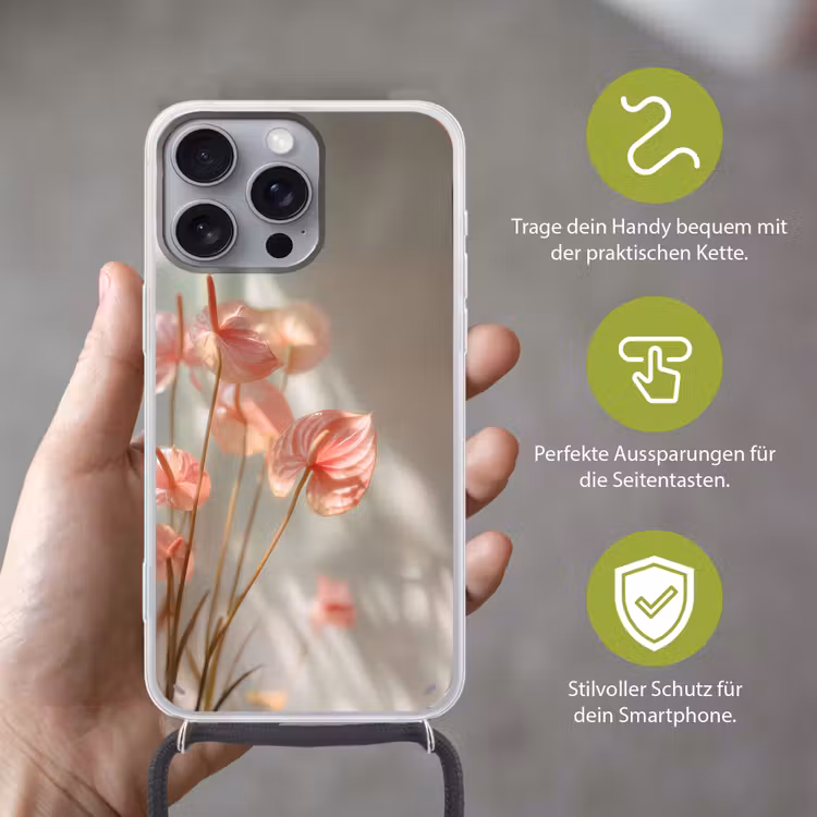 Bloemen - Stelen - Roze - Schaduw Hoesje iPhone 16 Pro Max met koord klein -sfeer2_DE
